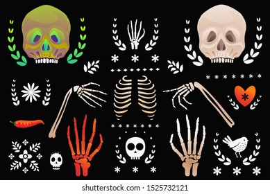 Skulls and skeleton body parts clip art objects isolated on black. Hand drawn fun Day of the Dead or Dia de los Muertos in Mexico objects collection, symbols, skeletons, skulls for spooky design.