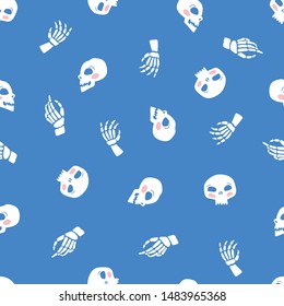 Skulls and skeleton hands on the blue background. Vector hand-drawn seamless pattern. Halloween print design.