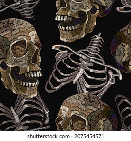 Skulls and skeletons. Dark magic concept. Medieval gothic background. Halloween art. Template for clothes, print. Seamless pattern. Embroidery style 