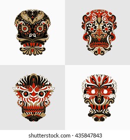 Skulls. Skull ornament. Vector illustration of decorative colored skulls on white and grey background. Original masks with abstract floral pattern. Set of Day of the Dead. Good for print and tattoo.