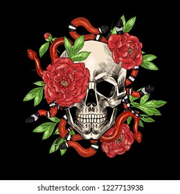 Skulls with snakes and peonies.  Hand drawn. Vintage style