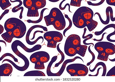 Skulls and snakes seamless textile pattern, horror sculls and serpents endless wallpaper background, cartoon style, death and heavy metal culture music fashion theme.