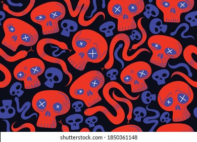 Skulls y serpientes sin fisuras en el patrón textil, escoria de horror y serpientes fondo de papel pintado interminable, estilo de dibujos animados, muerte y cultura de heavy metal tema de la moda.