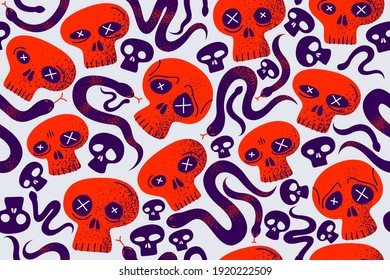 Skulls and snakes seamless textile pattern, horror sculls and serpents endless wallpaper background, cartoon style, death and heavy metal culture music fashion theme.