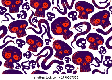 Skulls and snakes seamless textile pattern, horror sculls and serpents endless wallpaper background, cartoon style, death and heavy metal culture music fashion theme.