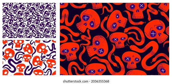 Skulls and snakes seamless textile pattern set, horror sculls and serpents endless wallpaper background, cartoon style, death and heavy metal culture music fashion theme.