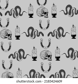 Skulls and snakes seamless textile pattern, horror sculls and serpents endless wallpaper background, cartoon style, death and heavy metal  background 