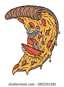 Skulls surfing on pizza illustration