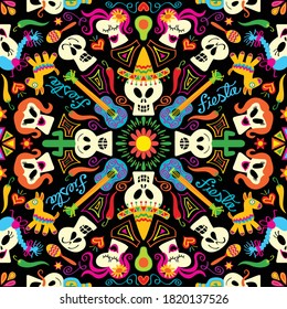 Skulls and symbols form a traditional Mexican motif in honor to the Day of the Dead. Guitars, cactus, tequila bottles, hearts, stars, flowers, hats, avocados, maracas and piñatas in mandala style