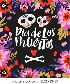 Skulls   text  in the floral frame  Vector holiday illustration for Day the dead Halloween  Funny card design    Dia de los muertos 
