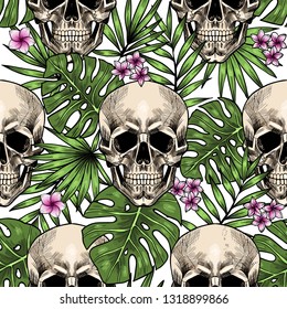 Skulls and tropical leaves. Vector seamless pattern