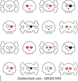 Skulls for Valentine's Day. Vector of skulls with hearts