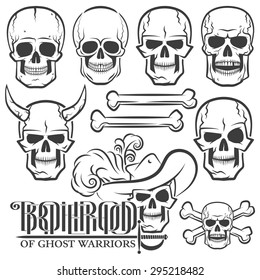 Skulls of various designs - with rapier, in the Hat, with horns. Jolly Roger. Ideal for tattoo.