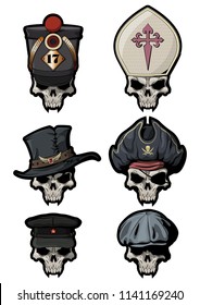 Skulls in various hats. Vector Set