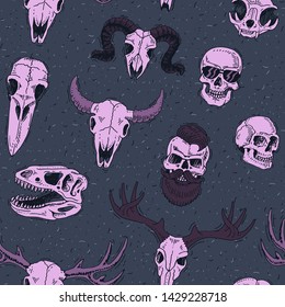 Skulls vector boned head of animals of bull goat or sheep and human skull with beard for barbershop illustration skeleton set isolated on background