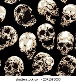 Skulls vector seamless pattern on black background. Hand drawn vector illustration in modern style tattoo.