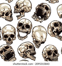 Skulls vector seamless pattern on white background. Hand drawn vector illustration in modern style tattoo.