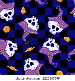 Skulls Wearing Witch Hats and Candies Vector Seamless Pattern