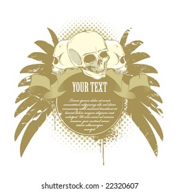 Skulls, wings, ribbon and place for your text on grunge background
