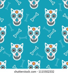 Skulls of wolves with flowers and bones on a blue background. For background, day of the dead, Halloween holiday, wrapping paper, Wallpaper, fabric, textile. Designer original print.