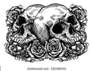 skulls wrapped in roses, flowers and leaves