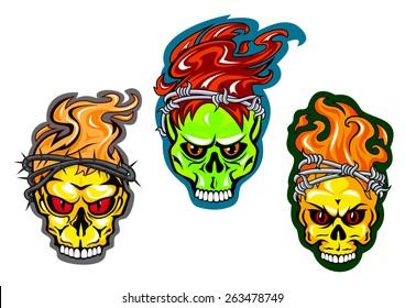 Skulls in wreaths of thorns and barbed wires with bright red and orange flames of fire suitable for tattoo or t-shirt design