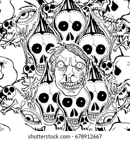 Skulls, zombie. Vector seamless pattern. Crazy zombie hand drawn background.  Can use for  party decoration, wallpaper, gift wrap, prints, home decor. 