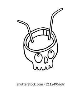 A skull-shaped glass with straws sticking out of it. Funny vector illustration of doodles in cartoon style. Isolated. Cute skull with eyes. For postcards, posters, Halloween, tattoos, coloring books.