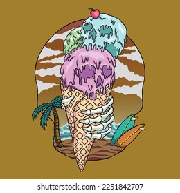 Skull-shaped Ice Cream at Dusk in Beach Vector Illustration