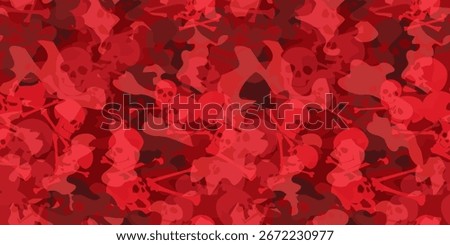 Skull-themed camo background in red. Seamless repeating pattern. Stock vector illustration for your design.