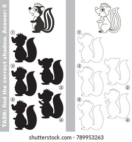 Skunk Animal to find the correct shadow, the matching educational kid game to compare and connect objects and their true shadows, simple gaming level for preschool kids.