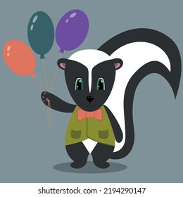 Skunk cartoon character with balloons in a suit with a bow tie in vector illustration