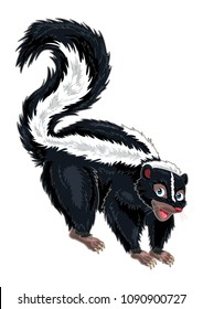 Skunk cartoon illustration in black fur with white stripe body