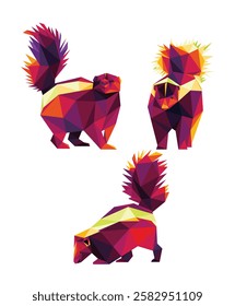 Skunk Colorful Polygonal Vector Set. Skunk Colorful Abstract Logo Set. Collection of Skunk Low Poly Illustration. Perfect for kids animal book