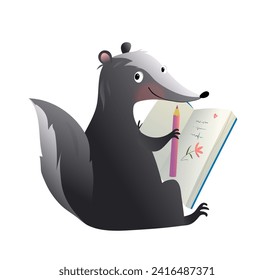 Skunk drawing a picture in forest, animal school for art and craft or writing in journal. Art and craft activity, diary clipart for kids education. Isolated animal for children. Vector illustration.