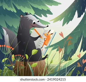 Skunk drawing a picture in the forest, animal create a portrait of a funny squirrel. Art and craft activity in nature, story for kids education. Storytelling page for children. Vector illustration.