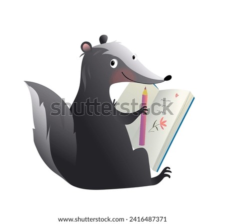 Skunk drawing a picture in forest, animal school for art and craft or writing in journal. Art and craft activity, diary clipart for kids education. Isolated animal for children. Vector illustration.