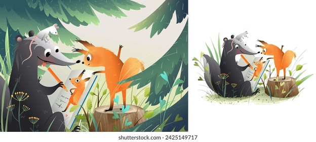 Skunk drawing a picture of squirrel in the forest. Funny portrait drawing workshop . Art and craft school in nature, story for kids. Isolated storytelling pages for children. Vector illustration.