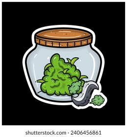 Skunk Flavor With Cartoon Mascot of Weed Bud On Jar. For Sticker and label. Vector and Illustration.