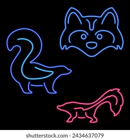 skunk group of neon icons, vector illustration on black background.