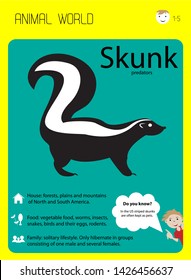 Skunk. Habitat, food, family. Educational cards for children, kindergartens and centers. vector illustration.