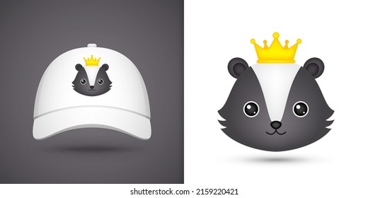 Skunk head on white baseball cap