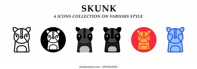 Skunk icons collection. 6 Various styles. Lineal, solid black, flat, lineal color and gradient. For sign, symbol, presentation, infographic or web graphics. Vector Illustration.