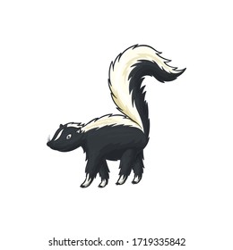 Skunk isolated American mammal with black-and-white striped furry tail. Vector weasel family character, Mephitidae with strong, unpleasant smell. Side view of wildlife skunk with stripe