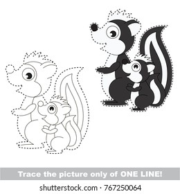 Skunk mother and her infant to be traced only of one line, the tracing educational game to preschool kids with easy game level, the colorful and colorless version.
