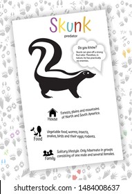 Skunk on background of animal tracks. Educational flash card for children, preschoolers. home schooling. for kindergartens, kindergartens. Interesting facts, nutrition, habitat