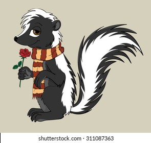 Skunk in a scarf enjoying the scent of a rose