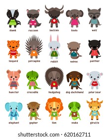 Skunk and smiling raccoon, baby buffalo and koala, wolf and cartoon leopard, wild panther and animal walrus, hamster and crocodile, snake lizard and giraffe, lion and gopher, elephant. Zoo theme