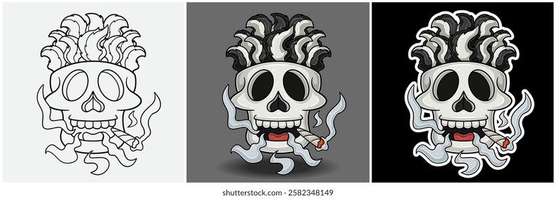 Skunk Tail Inside Skull Head With Smoking Character Cartoon. Black White, Colorful and Sticker Style. For T shirt print, Brand Logo, Label and Mascot product. Vectors Illustrations