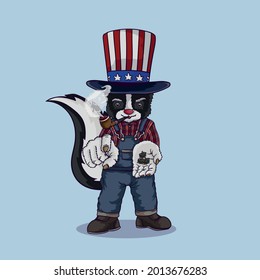 A skunk with an Uncle Sam hat and smoking pipe in his mouth